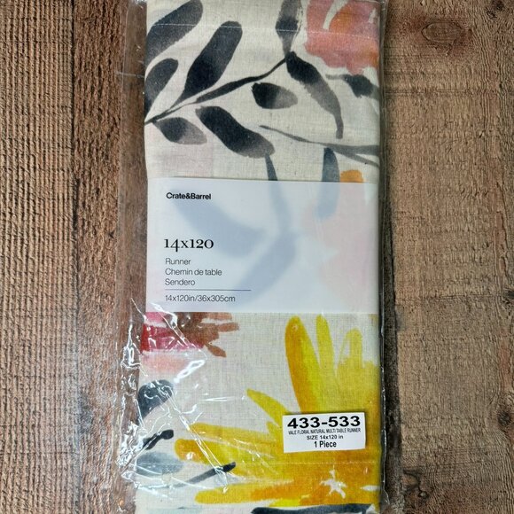 Crate&Barrel Table Runner 14x90in Vale Floral Natural Cotton Linen Blend - Picture 3 of 6